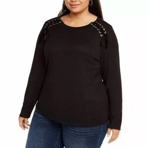 INC Womens Black Slim Grommet Lace-Up Long Sleeve Round Neck Knit Top Plus M